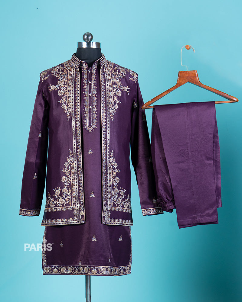 Purple Embroidered Kurta Jacket Pajama Set