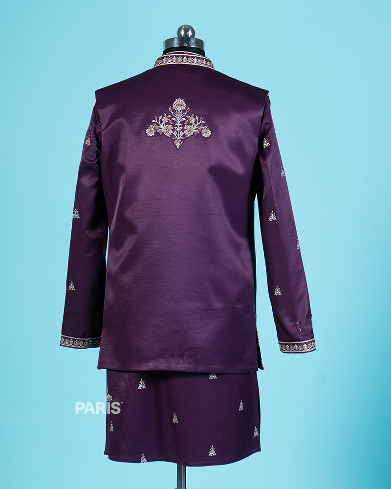 Purple Embroidered Kurta Jacket Pajama Set