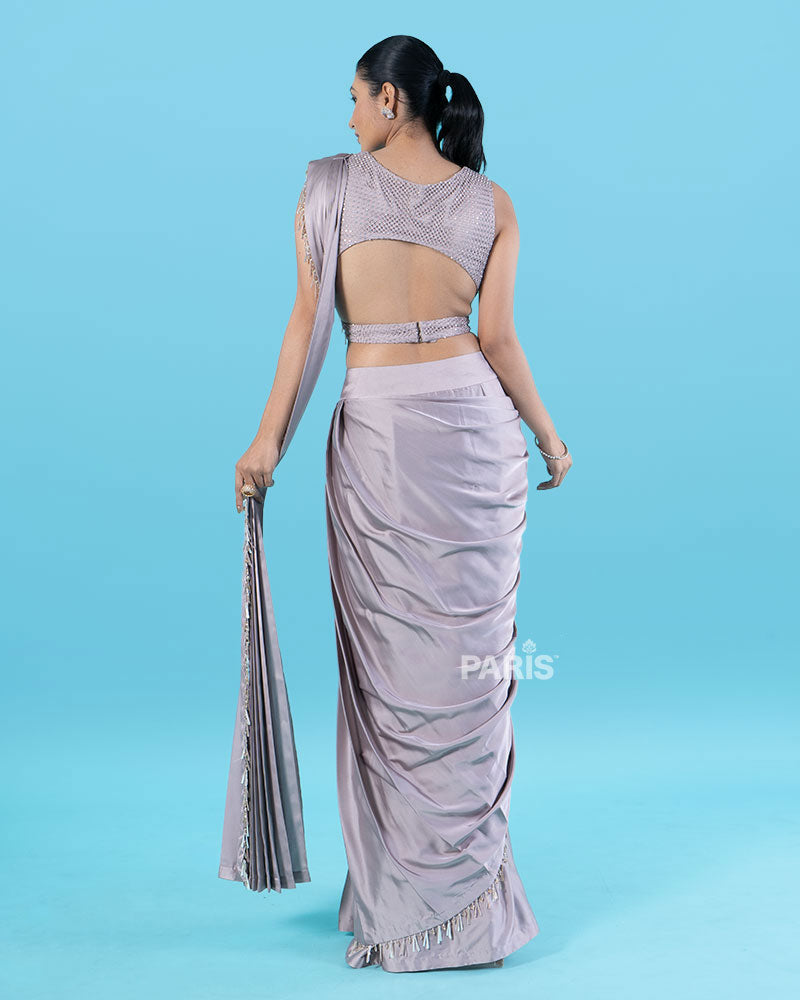 Light Purple Ready-to-Wear Saree with Beaded Fringe Border and Sequined Blouse
