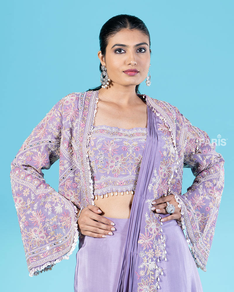 Lavender Ready to Wear Saree with Embroidered Blouse and Jacket