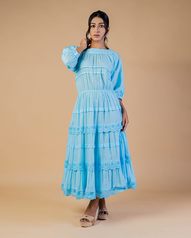 Coral Blue Layered Western Dress