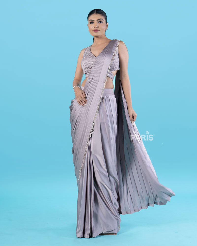 Light Purple Ready-to-Wear Saree with Beaded Fringe Border and Sequined Blouse