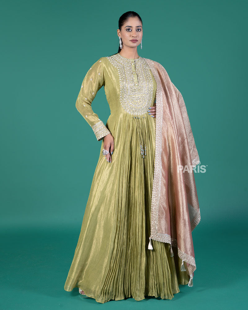 Light Lime Green Embellished Anarkali Suit with Dusty Rose Dupatta