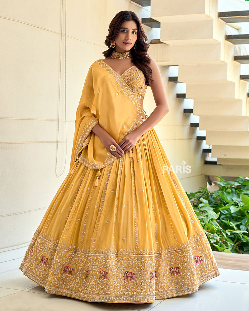 Yellow Elephant Motif Embroidered Lehenga Choli with Dupatta