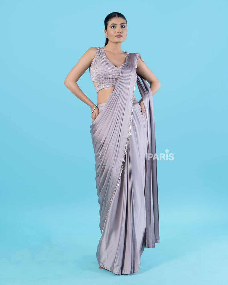 Light Purple Ready-to-Wear Saree with Beaded Fringe Border and Sequined Blouse