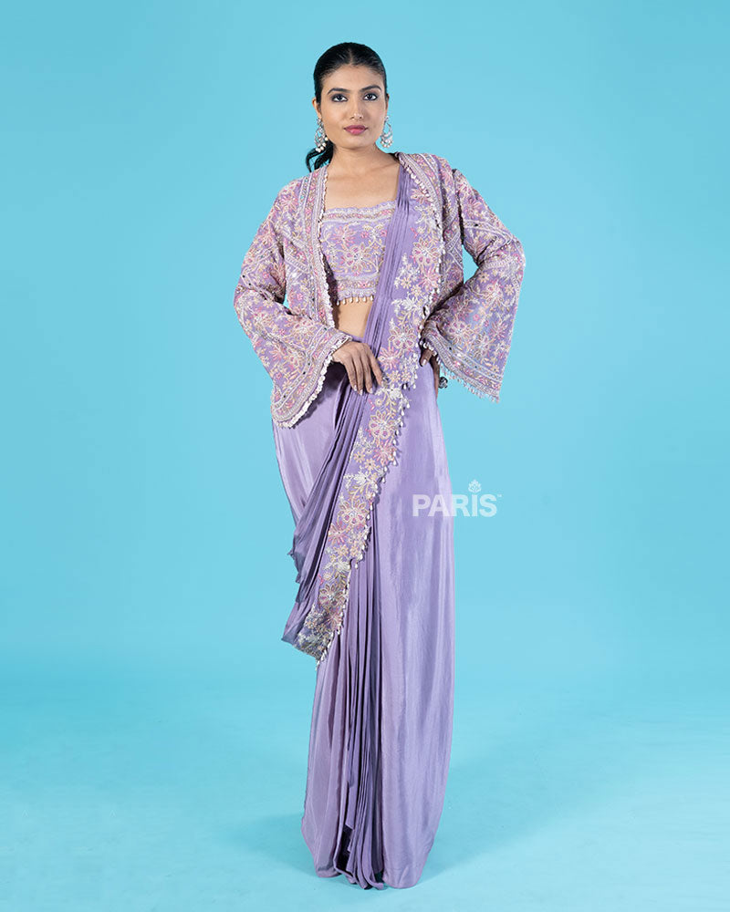 Lavender Ready to Wear Saree with Embroidered Blouse and Jacket