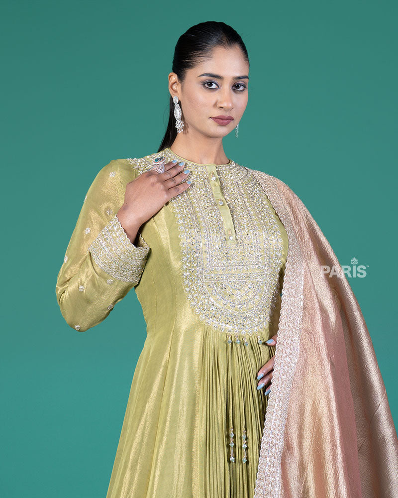 Light Lime Green Embellished Anarkali Suit with Dusty Rose Dupatta