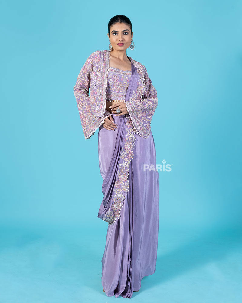 Lavender Ready to Wear Saree with Embroidered Blouse and Jacket