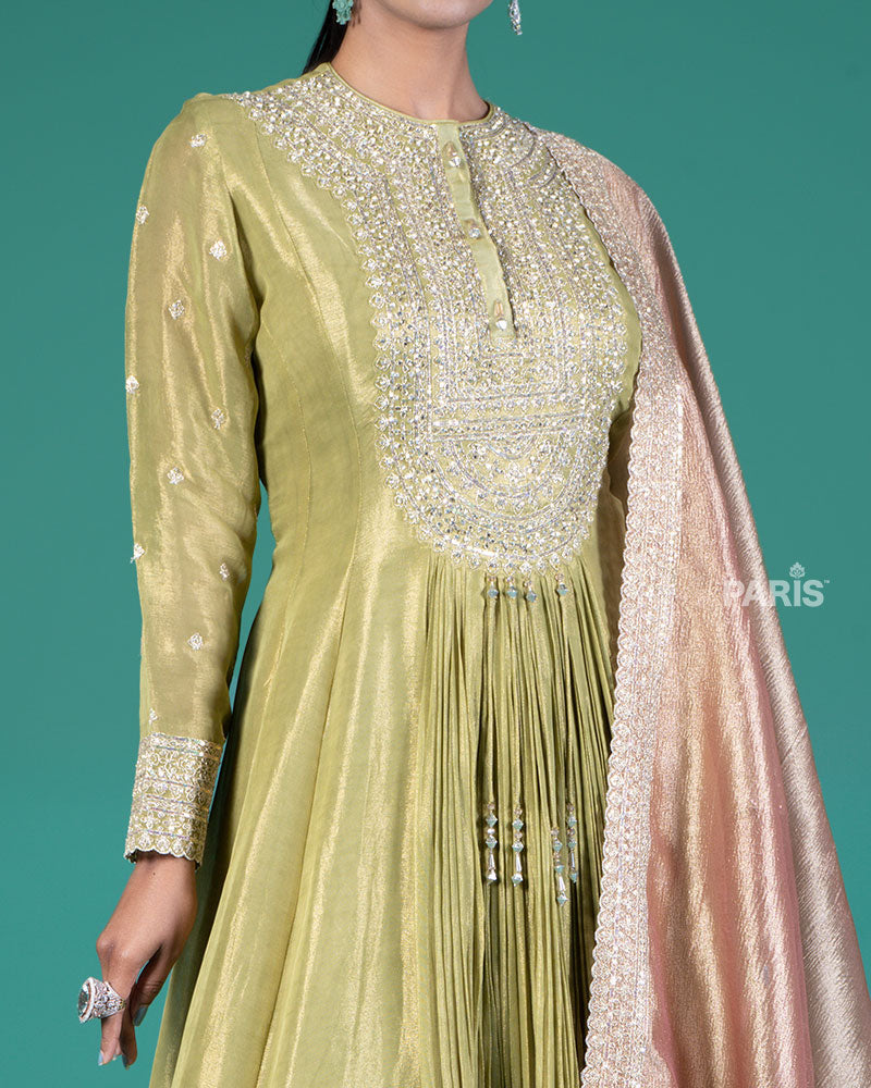 Light Lime Green Embellished Anarkali Suit with Dusty Rose Dupatta