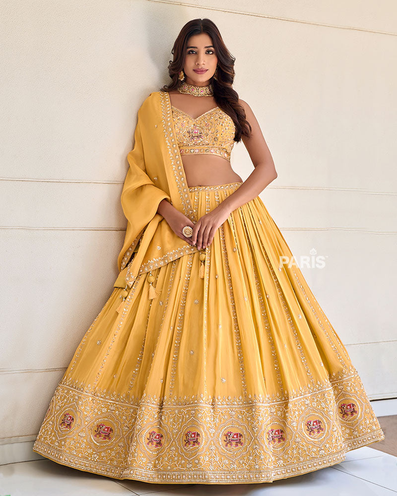 Yellow Elephant Motif Embroidered Lehenga Choli with Dupatta
