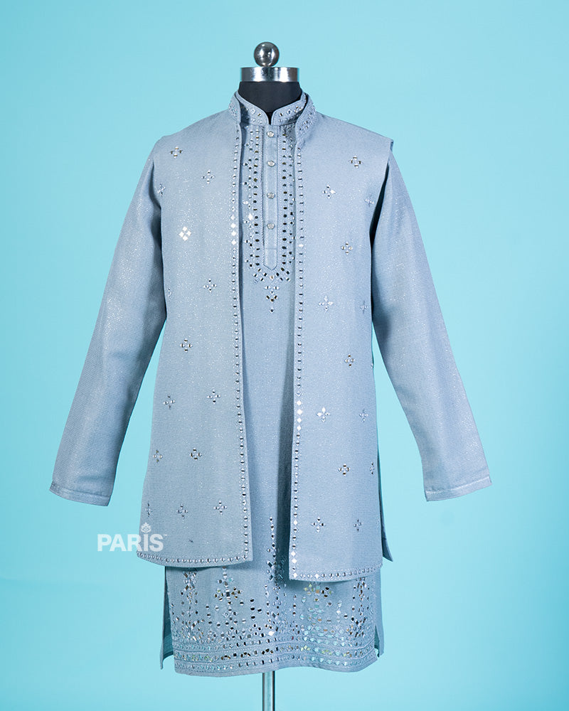 Light Blue Embroidered Kurta Jacket with Pajama
