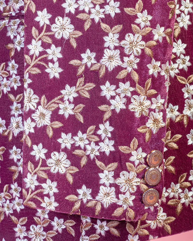 Wine Floral String Patterned Jodhpuri Suit