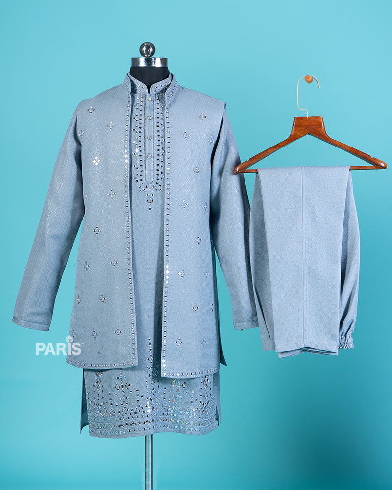 Light Blue Embroidered Kurta Jacket with Pajama