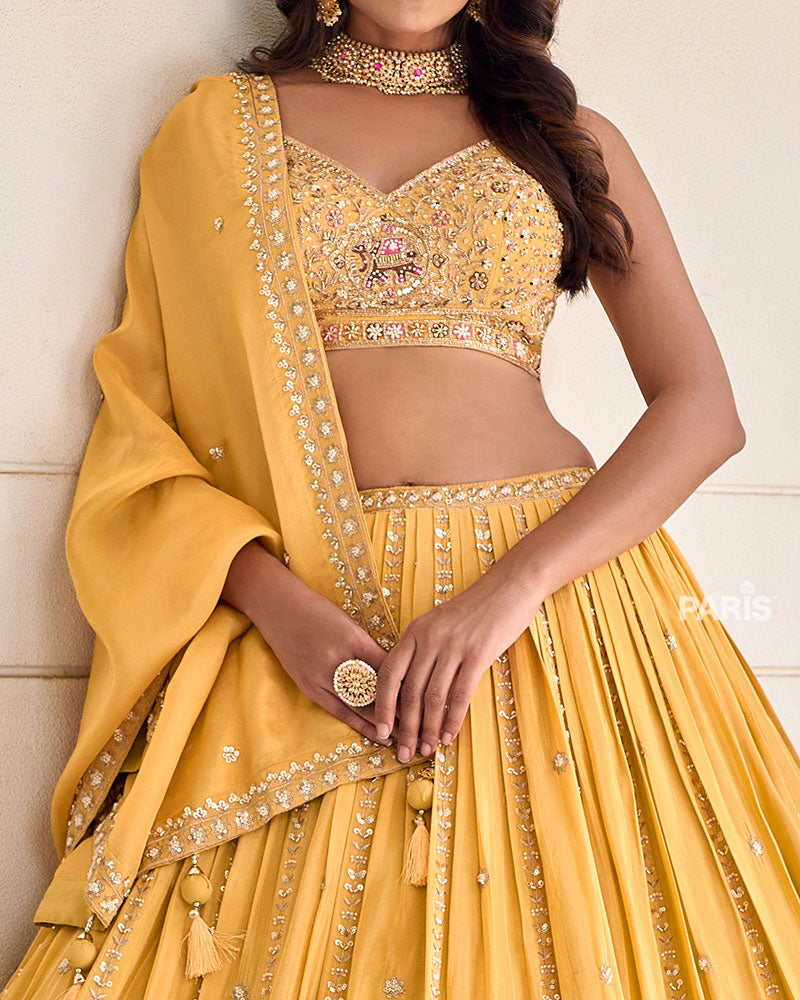 Yellow Elephant Motif Embroidered Lehenga Choli with Dupatta