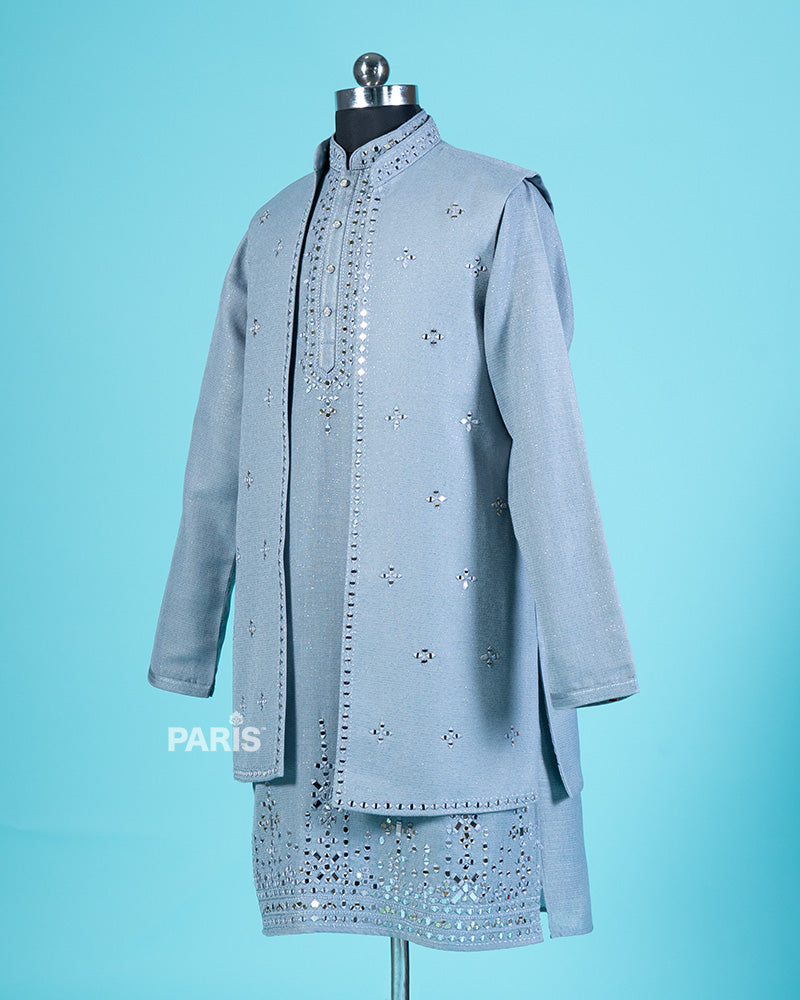 Light Blue Embroidered Kurta Jacket with Pajama