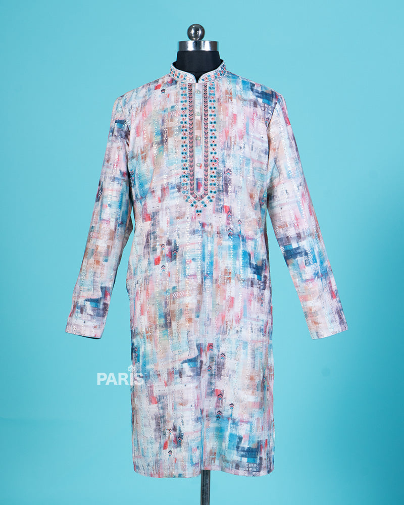 Multi color Print Embroidered Kurta with Teal Blue Pajama