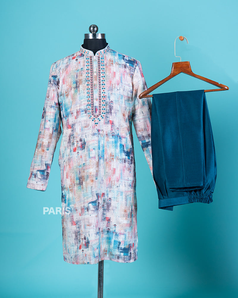 Multi color Print Embroidered Kurta with Teal Blue Pajama