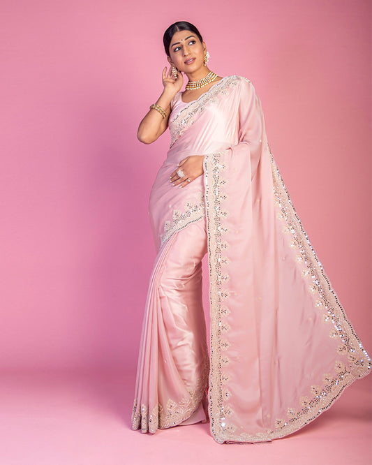Baby Pink Shade Embroidered Saree with Unstitched Blouse