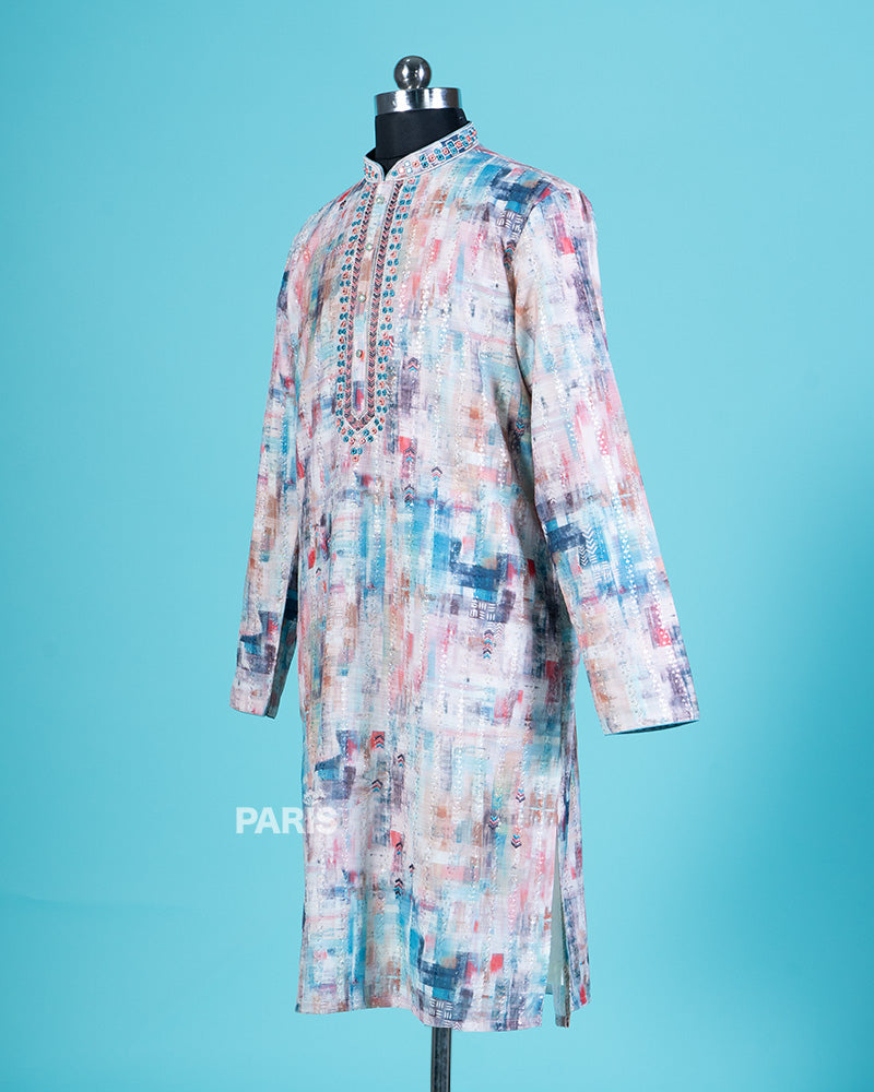 Multi color Print Embroidered Kurta with Teal Blue Pajama