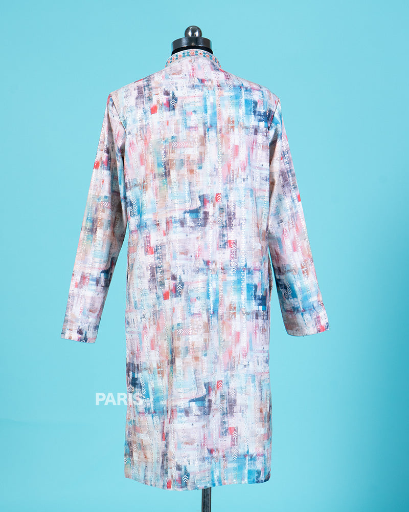 Multi color Print Embroidered Kurta with Teal Blue Pajama
