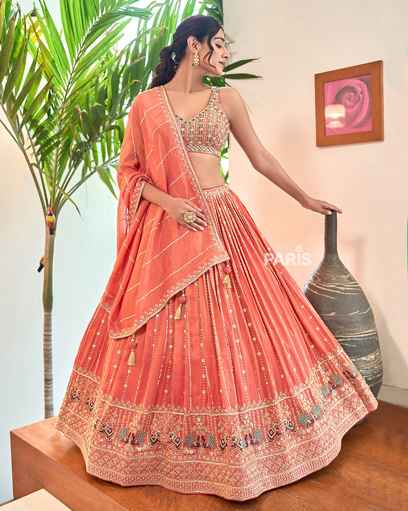 Peach Coral Mirror Embroidered Lehenga Choli with Dupatta