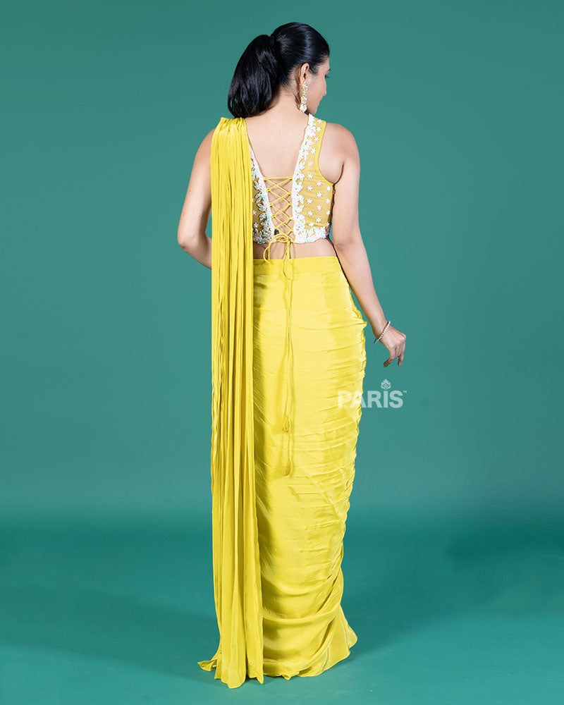 Lime Yellow Ready to Wear Saree with Embroidered Crop Blouse
