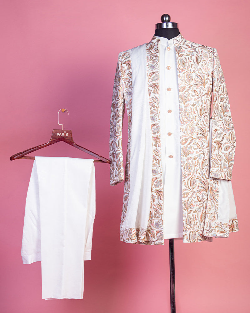 White Thread Embroidered Sherwani and Pyjama Set for Groom