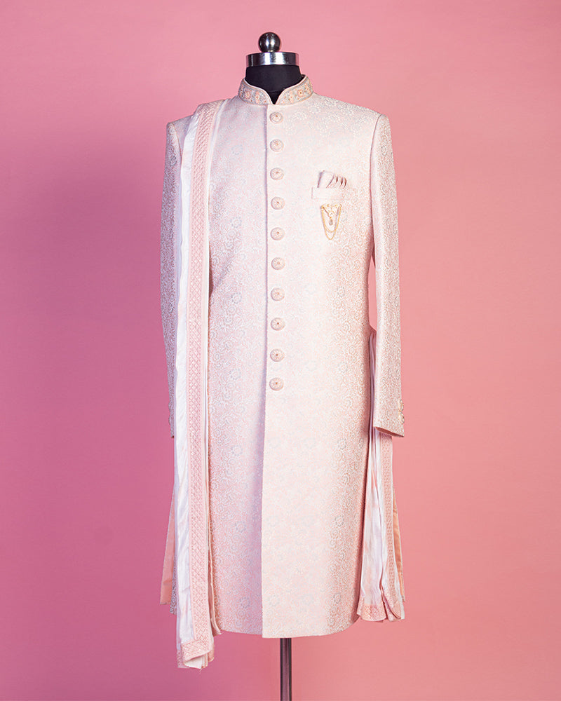 Baby Pink Embroidered Sherwani and Pyjama Set for Groom