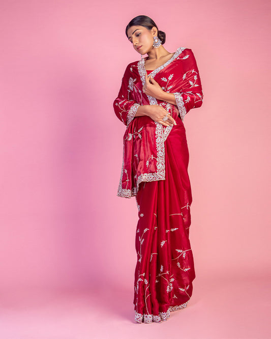 Alluring Red Heavy Embroidered Premium Georgette saree
