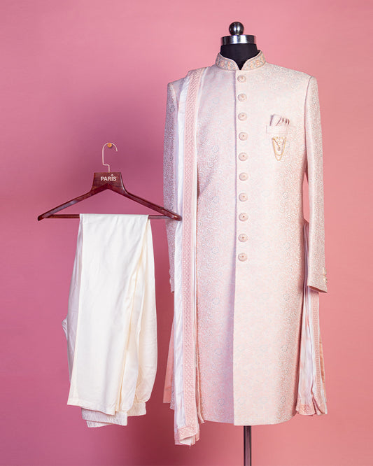 Baby Pink Embroidered Sherwani and Pyjama Set for Groom