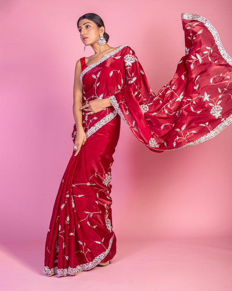Alluring Red Heavy Embroidered Premium Georgette saree