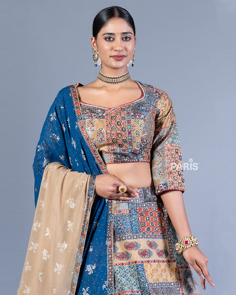 Beige and Blue Patchwork Lehenga Choli with Maroon Dupatta  02