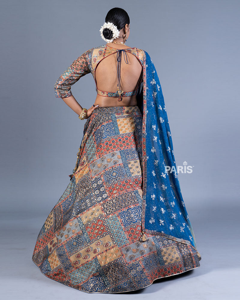 Beige and Blue Patchwork Lehenga Choli with Maroon Dupatta  03