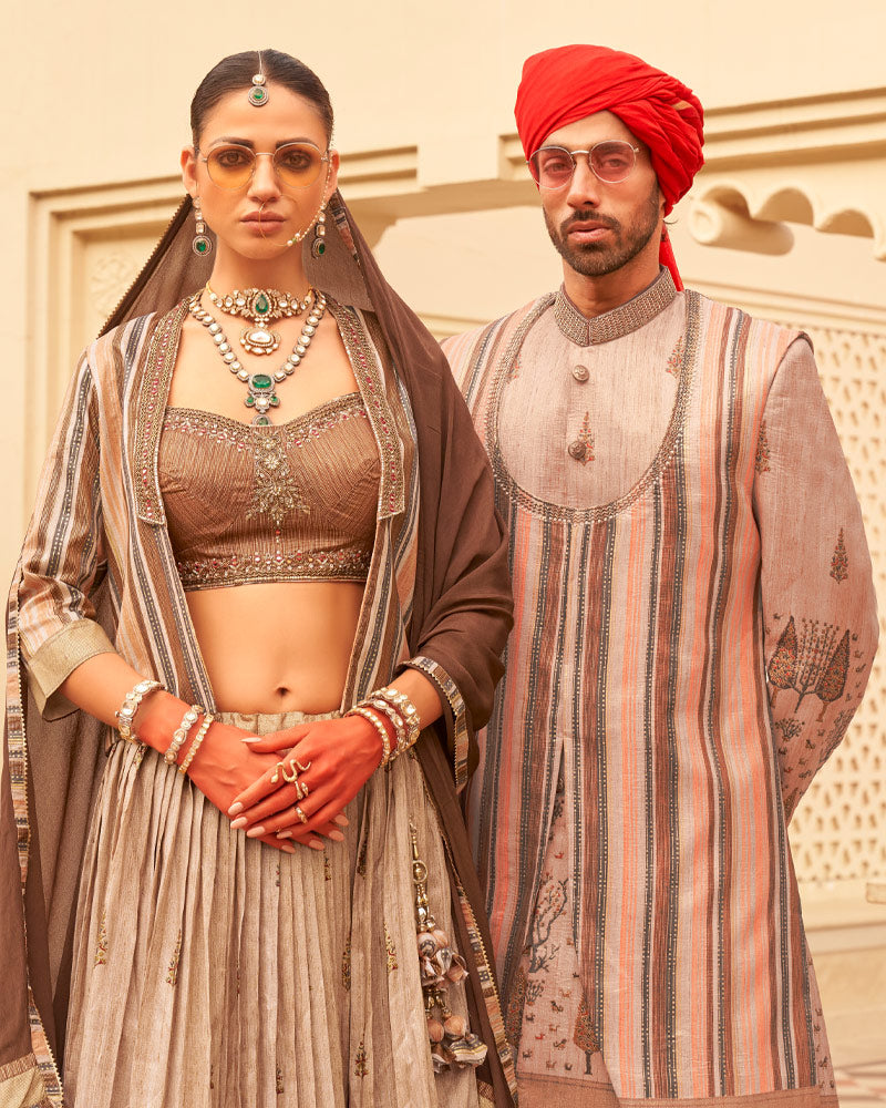 Beige lehenga Set and Men Kurta Set with Printed Coat