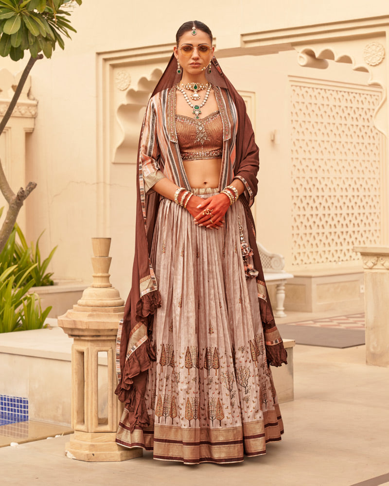Beige lehenga Set and Men Kurta Set with Printed Coat