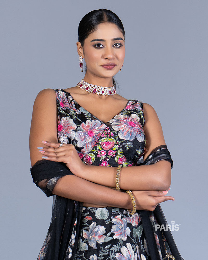 Black Floral Embellished Lehenga Choli with Matching Dupatta 02