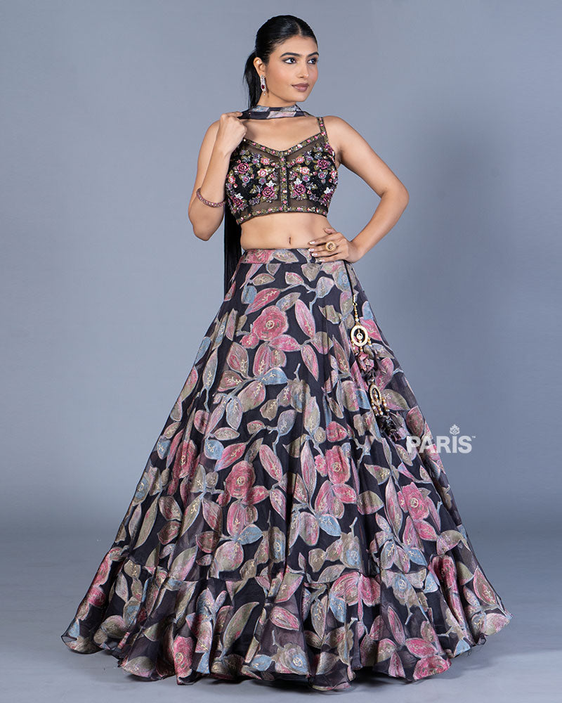Black Floral Printed Lehenga Choli with Dupatta 01