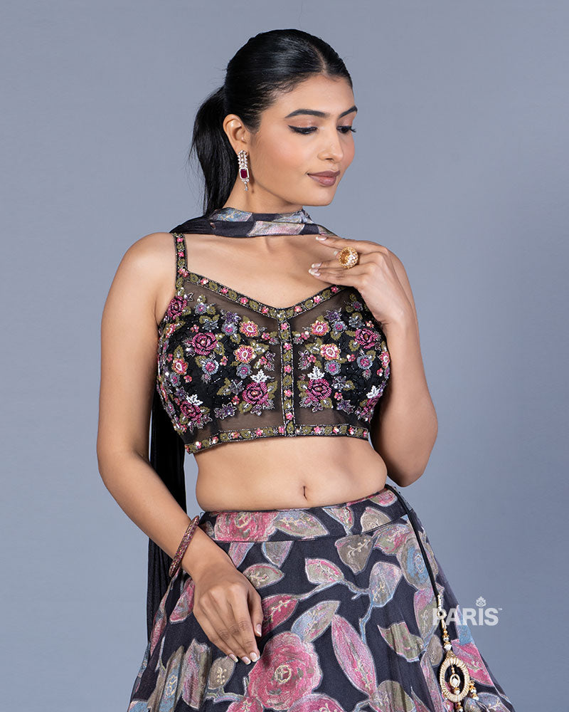 Black Floral Printed Lehenga Choli with Dupatta 02