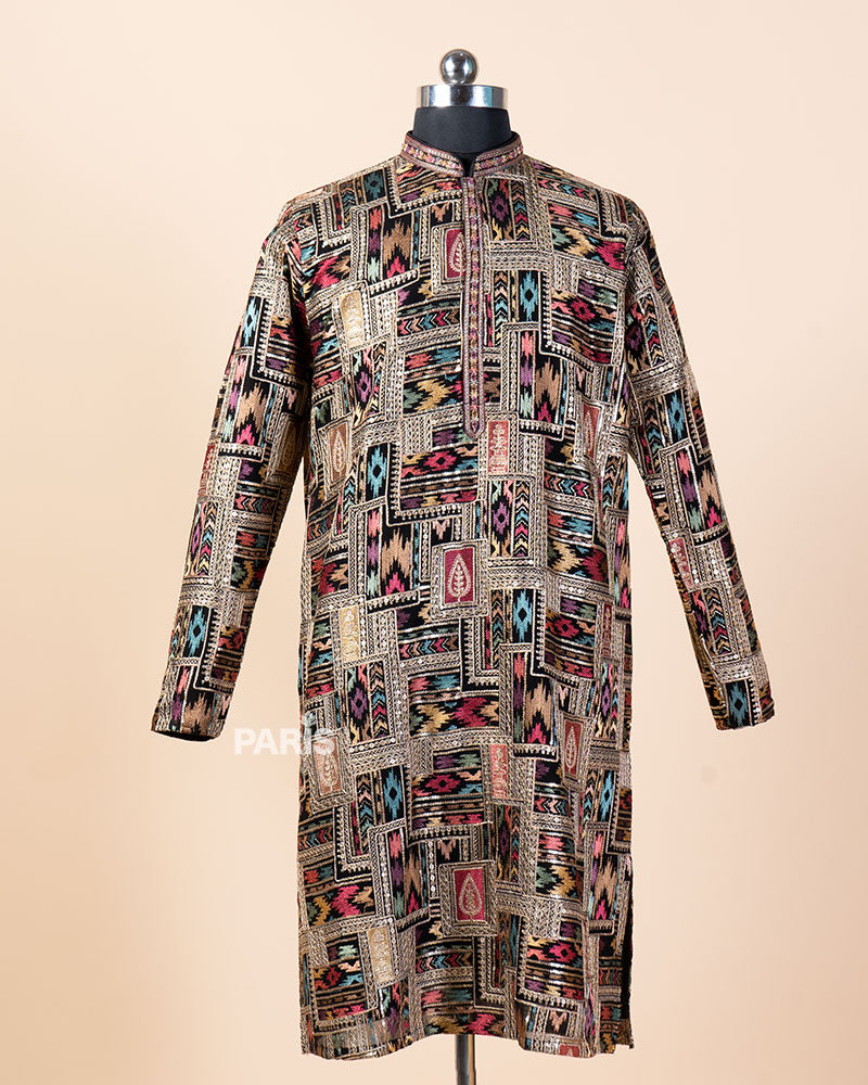 Black Multicolored Embroidery Embellished Kurta Pajama Set 01