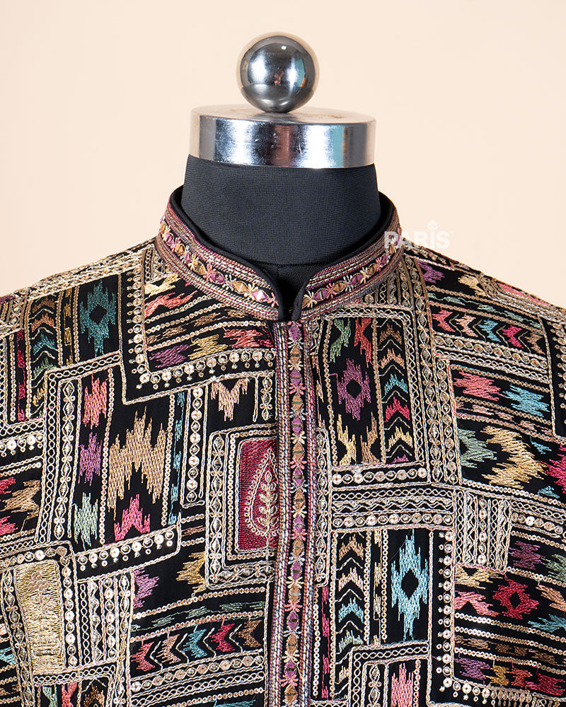 Black Multicolored Embroidery Embellished Kurta Pajama Set 02