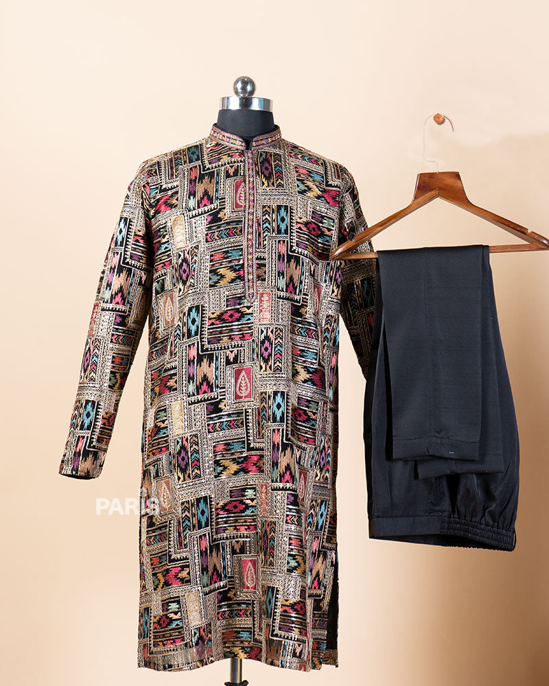 Black Multicolored Embroidery Embellished Kurta Pajama Set 03