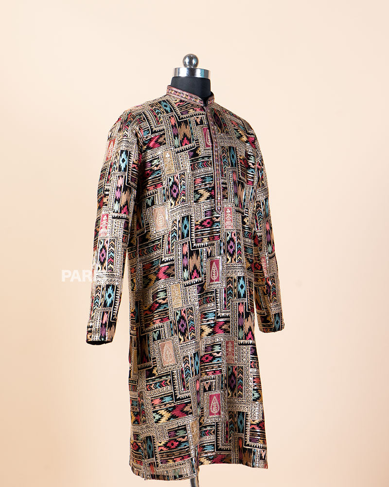 Black Multicolored Embroidery Embellished Kurta Pajama Set 04