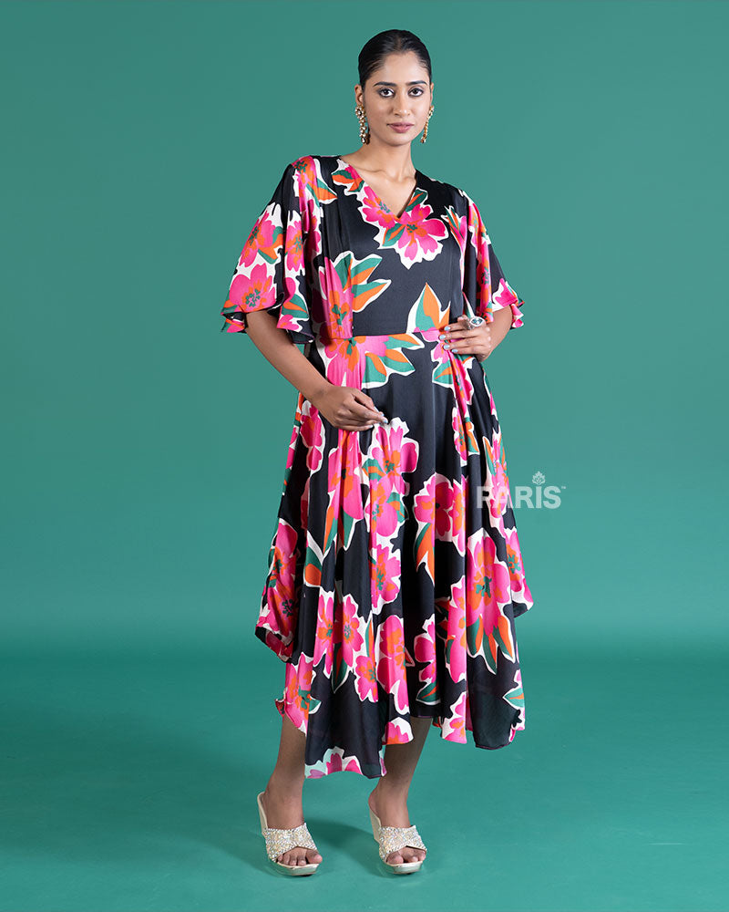 Black Satin-Finish Midi Dress with Vibrant Floral Print 01