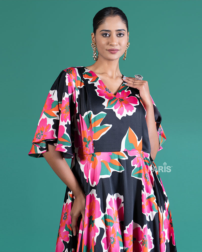 Black Satin-Finish Midi Dress with Vibrant Floral Print 02