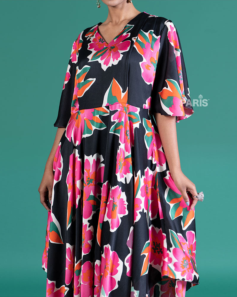 Black Satin-Finish Midi Dress with Vibrant Floral Print 03