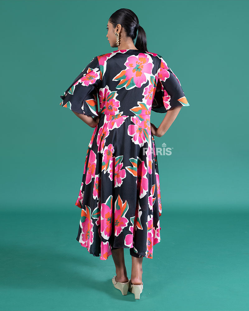 Black Satin-Finish Midi Dress with Vibrant Floral Print 04