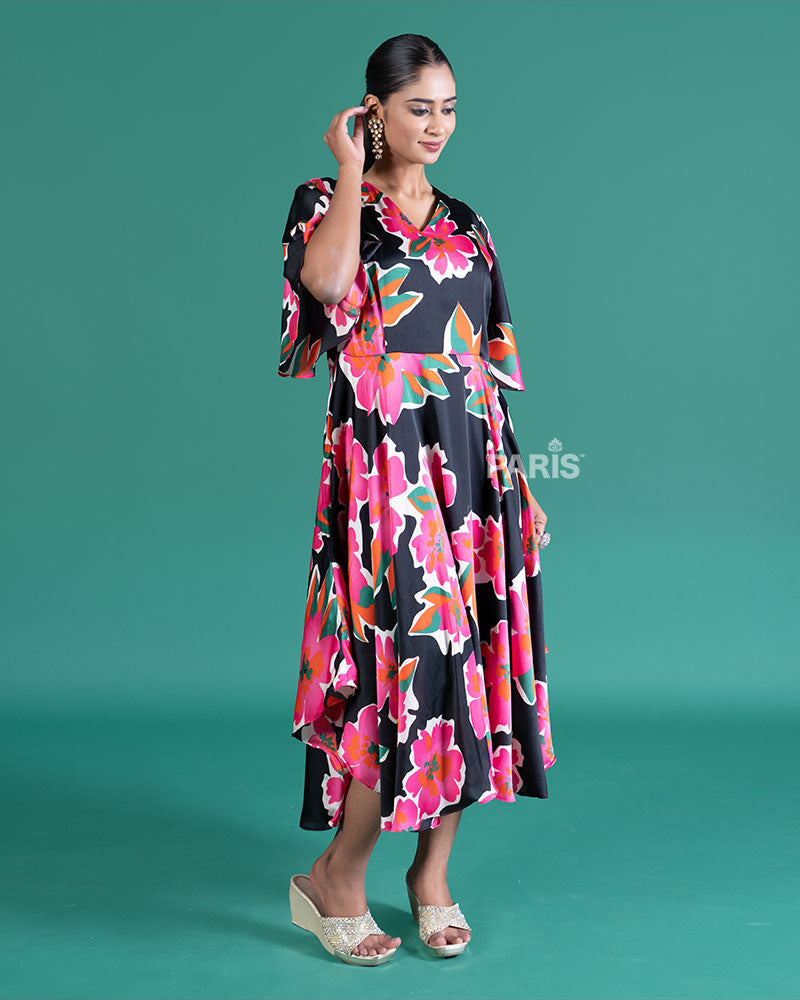 Black Satin-Finish Midi Dress with Vibrant Floral Print 05
