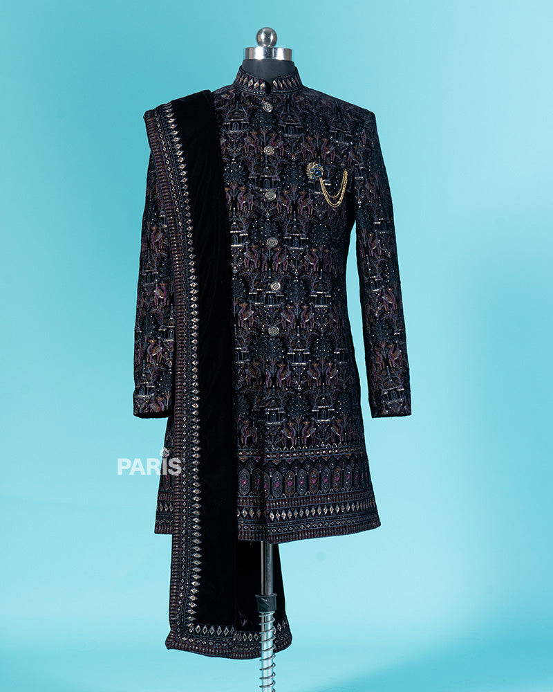 Black Sherwani with Golden Embroidery and White Pajama Set 01