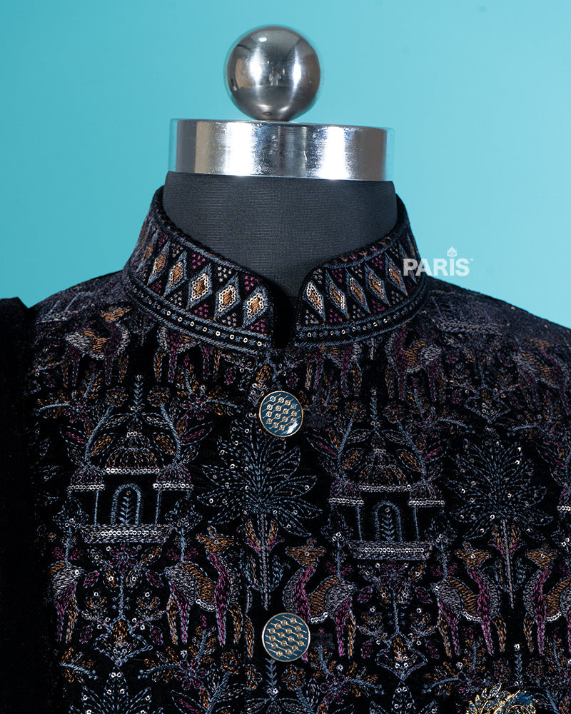 Black Sherwani with Golden Embroidery and White Pajama Set 02