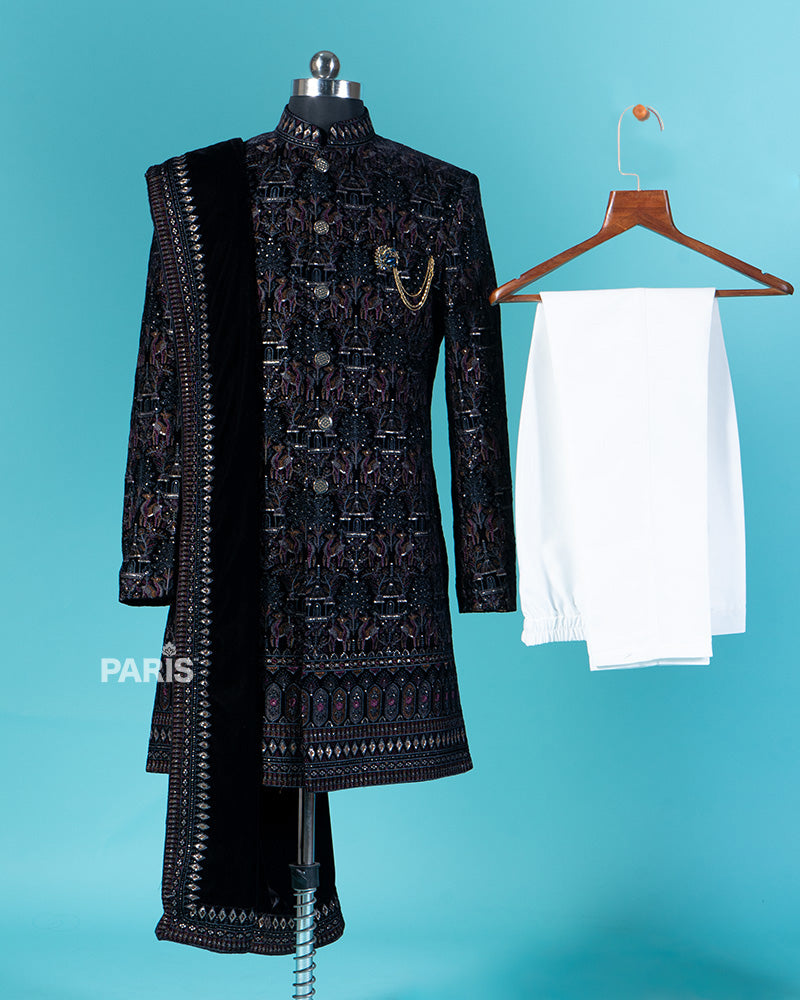 Black Sherwani with Golden Embroidery and White Pajama Set 03
